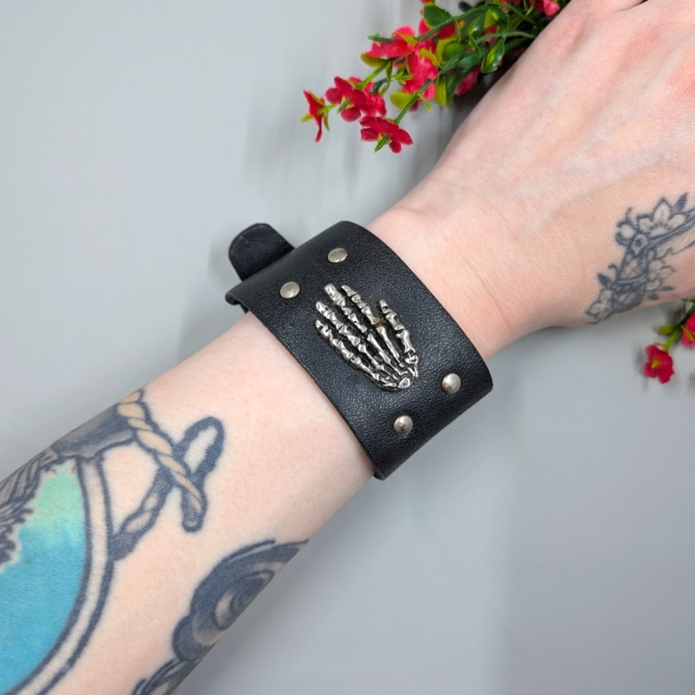 Vintage Y2K Leather And Skeleton Hand Cuff Style Bracelet